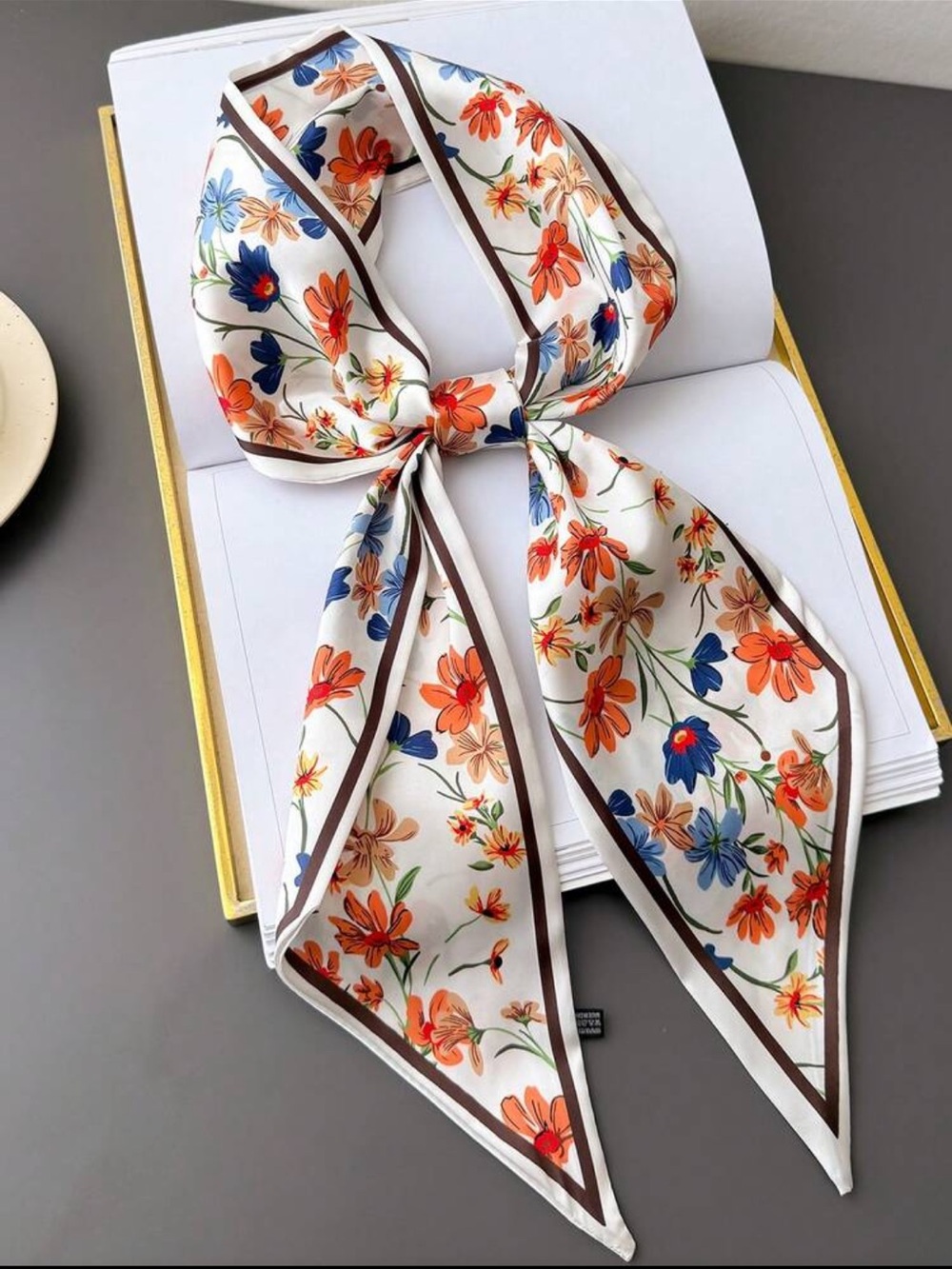 Floral Print Silk-Look Scarf in White, Orange & Blue | Bag Tie On | Hair Scarf